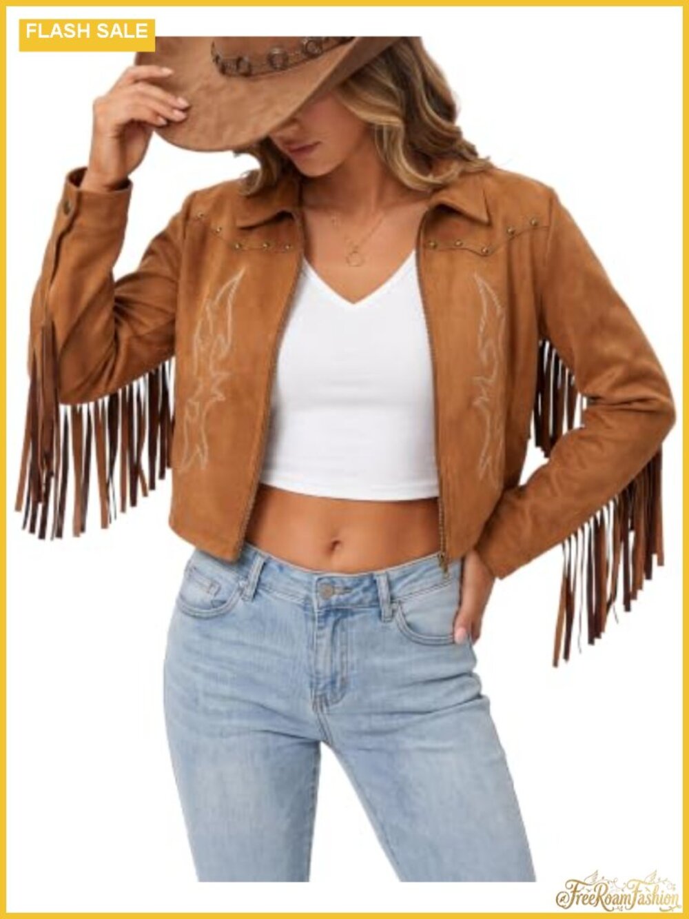 Faux Suede Fringe Jacket Western Cowgirl Embroidered Cropped Zip Up